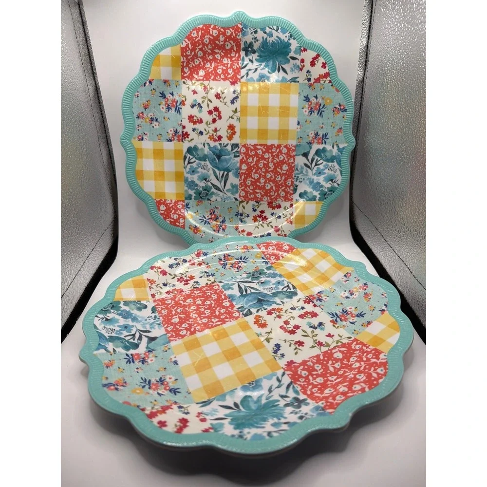 2 Pioneer Woman Patchwork Medley Melamine Dinner Plates Scalloped Teal